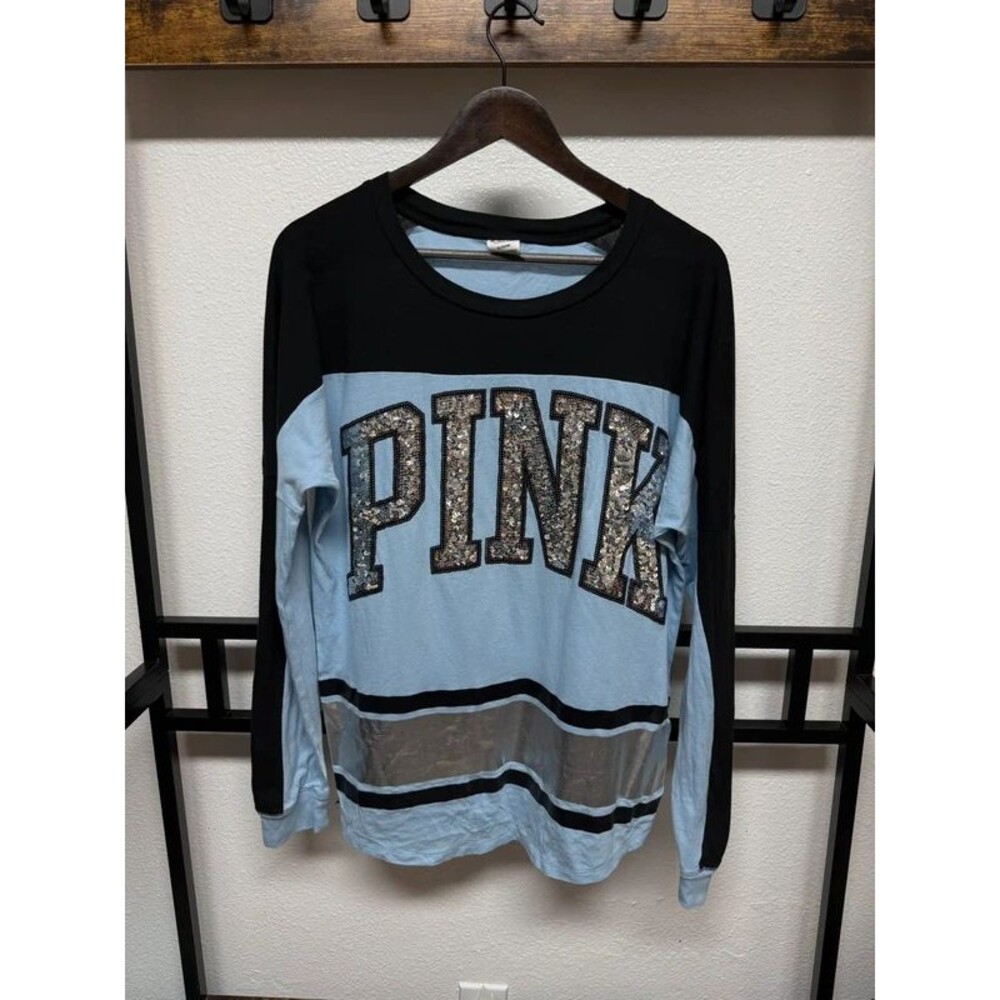 Victoria's Secret Pink Bling Varsity Long Sleeve Black Blue Silver M Rare